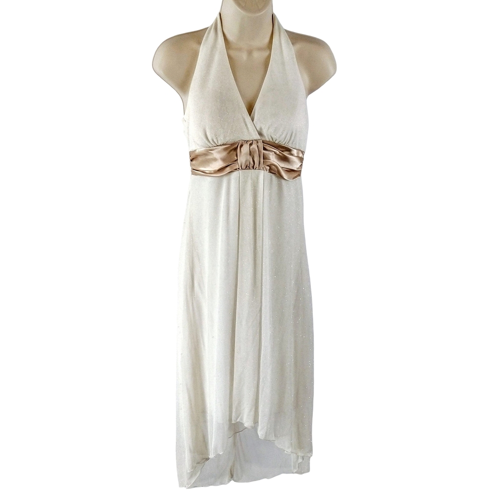 Speechless Sparkling White High Low Halter Top Dress with Satin Accent